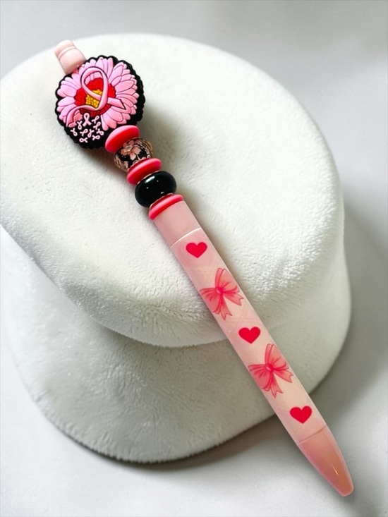 Alaska wild rose designs￼ Accessories - Breast cancer Pink Heart, Ribbons, & Bows Beaded Pen Handmade.